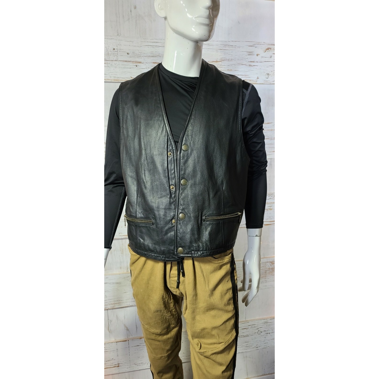Men's Black Leather Vest By Structure Size L Zip Pockets Button-Up @51